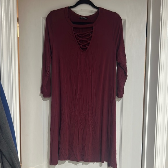 HEIMISH USA Burgundy Long Sleeve Dress with Crisscross Detail - Picture 1 of 2